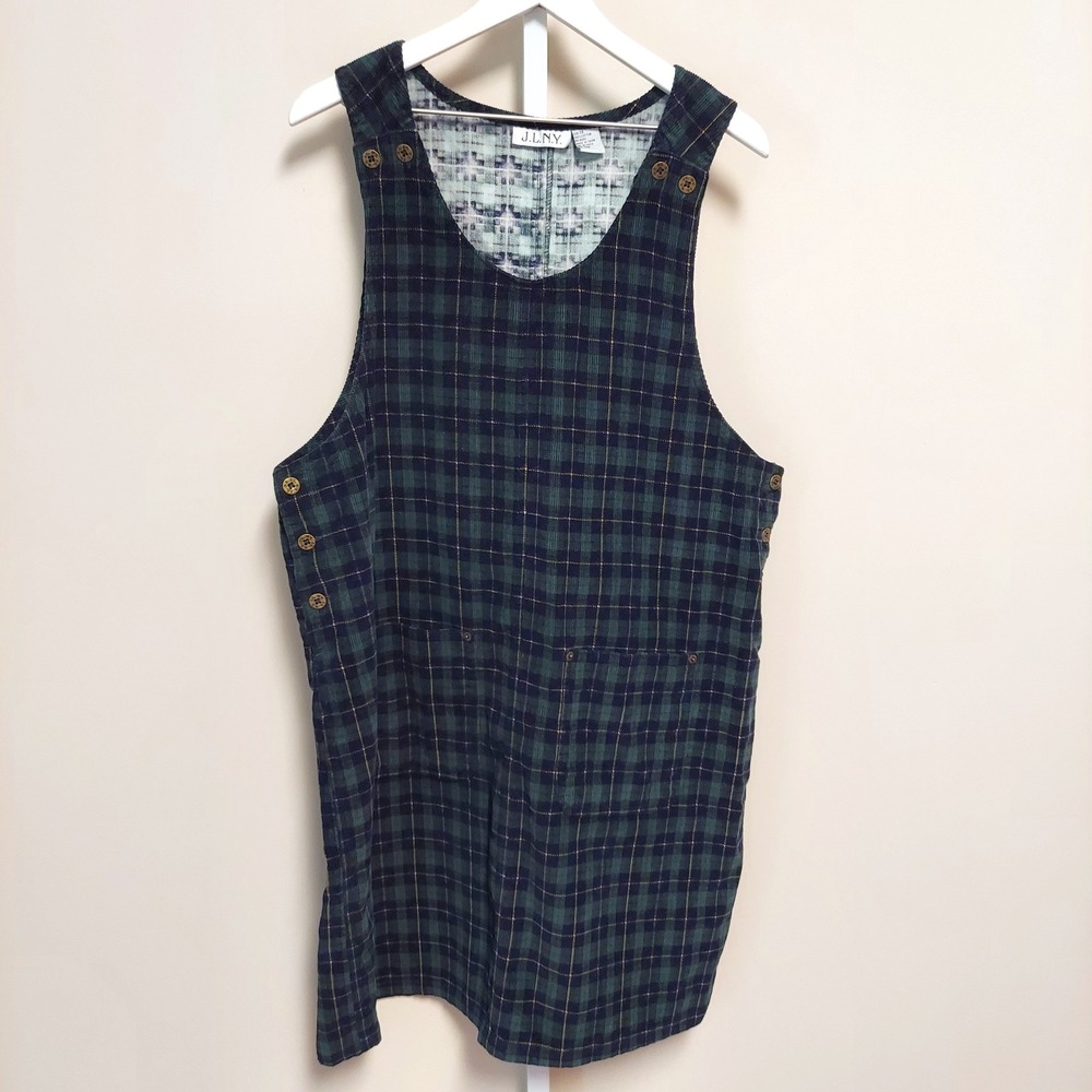 Vtg Plaid Corduroy Overall Jumper Dress 1X Pinafore Pockets Teacher 90s Holiday